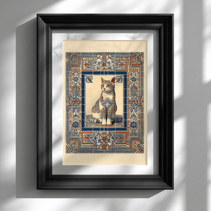 Ornate cat poster in black frame on white wall, tile mosaic art print for eclectic home decor