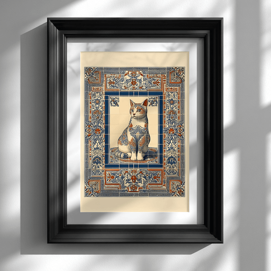 Ornate cat poster in black frame on white wall, tile mosaic art print for eclectic home decor