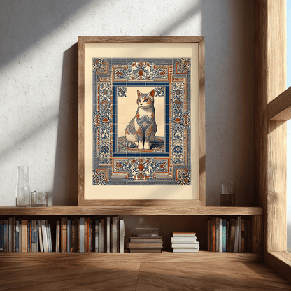 Vintage cat poster styled on bookshelf, ornate tile mosaic wall art for eclectic interiors