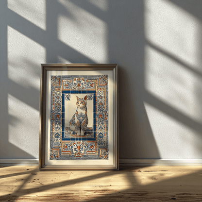 Cat poster in glass frame with natural light, decorative tile mosaic wall art for modern decor