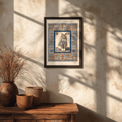 Cat poster with black glass frame on textured wall, ornate tile art print for vintage style decor