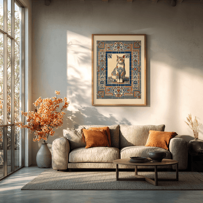 Ornate cat poster styled in minimalist living room, mosaic tile wall art for eclectic home decor