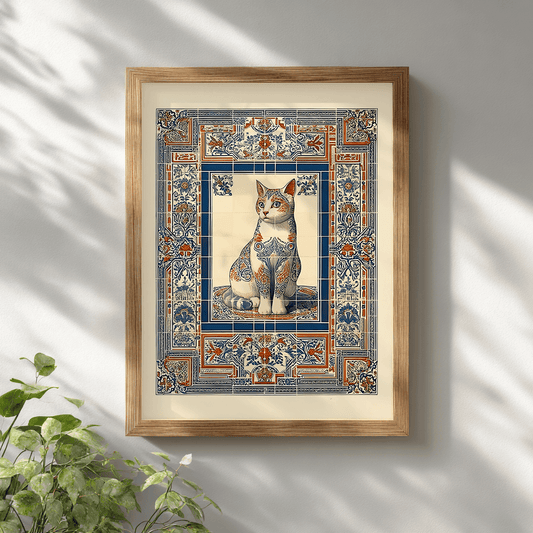 Cat poster in wooden frame on white wall, ornate tile mosaic wall art for vintage and eclectic decor
