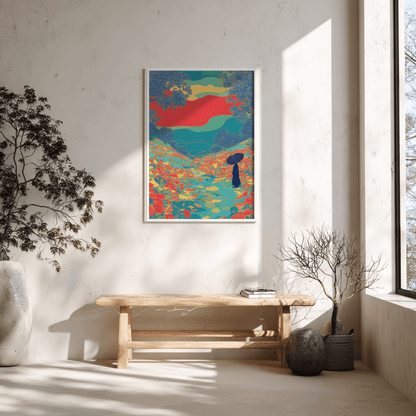 Floral river valley poster with silhouettes and colourful detail shown with Scandinavian bench interior styling