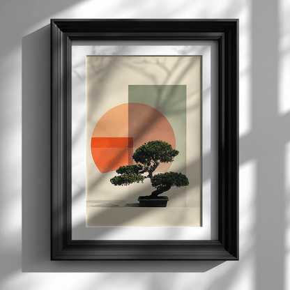Contemporary Japanese bonsai art print with minimalist design showcased in black frame on white wall for modern home decor

