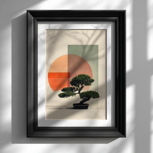 Contemporary Japanese bonsai art print with minimalist design showcased in black frame on white wall for modern home decor

