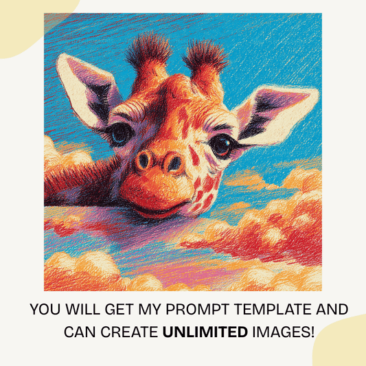 Whimsical crayon giraffe floating on clouds in childish art style generated with Midjourney AI prompt


