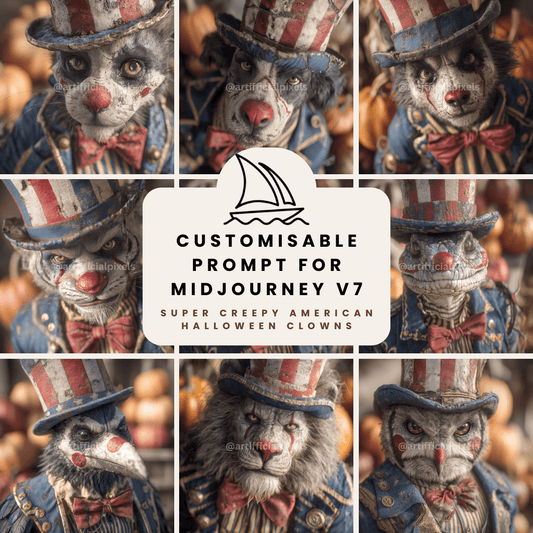 Creepy American Halloween animal clown Midjourney prompt template with customizable text overlay for digital art creation

