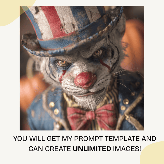 Creepy tiger dressed as vintage Halloween clown with horror circus makeup and dark gritty artistic style

