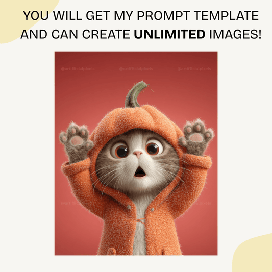 Adorable Pixar-style cat wearing orange pumpkin costume with surprised expression, generated using customizable Midjourney AI prompt

