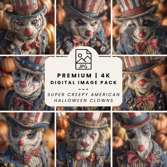 Dark circus digital art crafting bundle collage showcasing 16 gothic clown graphics for print-on-demand projects

