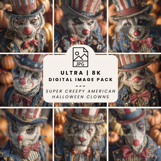 Collage of a creepy American Halloween clown with pumpkins, labeled as an ultra-8K digital image pack.