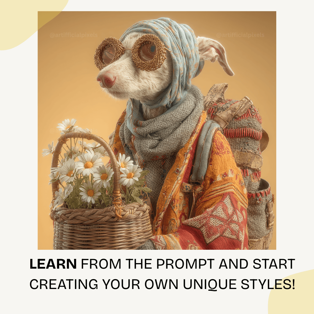 Dog poster wall art in whimsical traveller style with rustic woven details and autumn colours. Unique fantasy print generated with Midjourney Prompt.