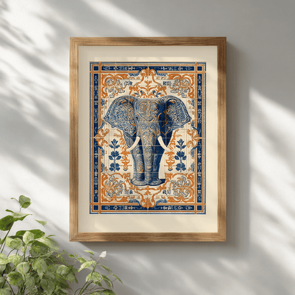 Elephant poster wall art in wooden frame on white wall, vintage boho style

