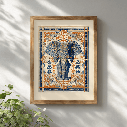 Elephant poster wall art in wooden frame on white wall, vintage boho style
