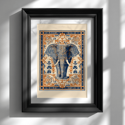 Vintage elephant poster print in black frame on white wall, bohemian wall decor
