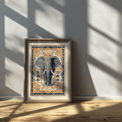 Elephant poster print in sleek glass frame, modern bohemian wall art style