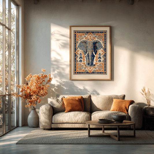 Elephant poster wall art styled in minimalist living room with warm tones