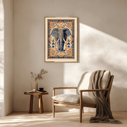 Elephant poster print styled in cozy reading nook, bohemian home wall art