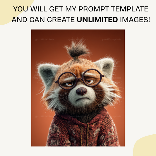 Fed up red panda with oversized glasses in Pixar animation style created with Midjourney AI prompt

