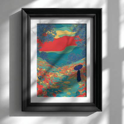 Floral river valley poster with silhouettes and colourful detail displayed in black frame on white wall

