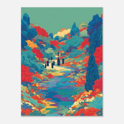 Close-up view of floral river valley poster showing fine detail of silhouettes and vibrant colours

