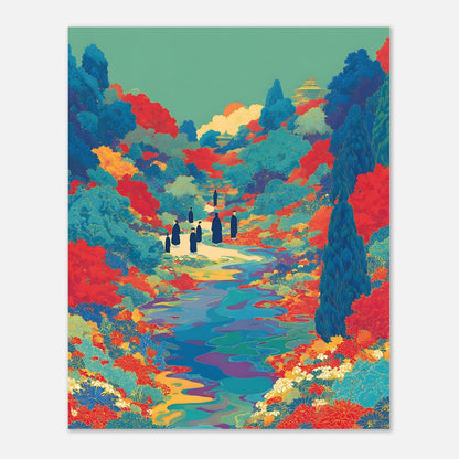 Close-up detail of floral river valley poster showcasing silhouette artwork and colourful design

