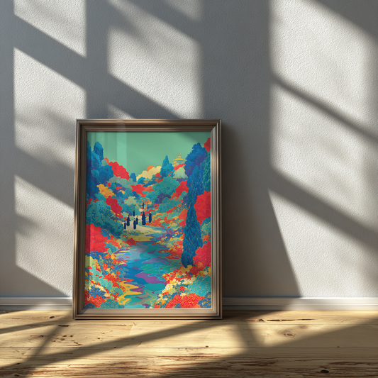 Floral river valley poster with silhouettes and colourful detail displayed in elegant glass frame on white wall