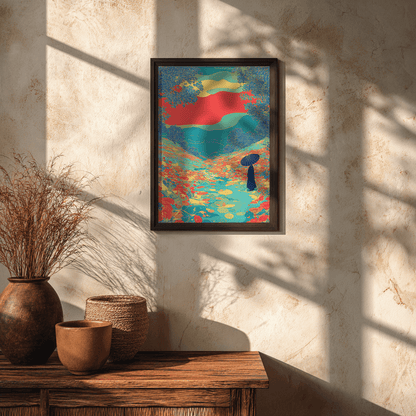 Floral river valley poster with silhouettes and colourful detail in glass frame mounted on wall