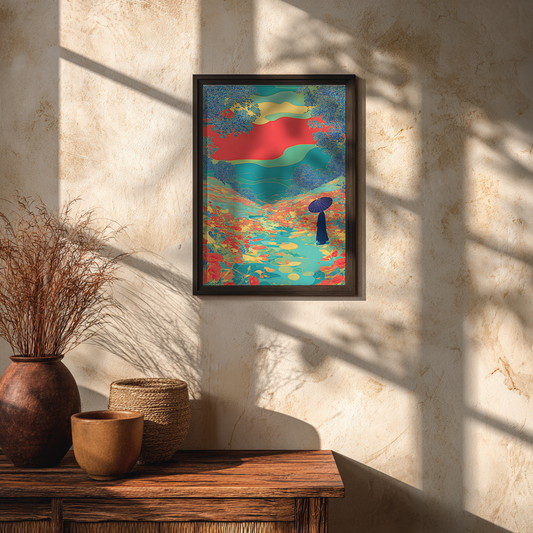 Floral river valley poster with silhouettes and colourful detail in glass frame mounted on wall