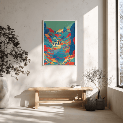 Floral river valley poster print with colourful silhouettes displayed on modern Scandinavian bench setup

