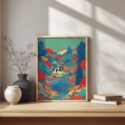 Floral river valley poster print with colourful silhouettes displayed on modern Scandinavian desk setup

