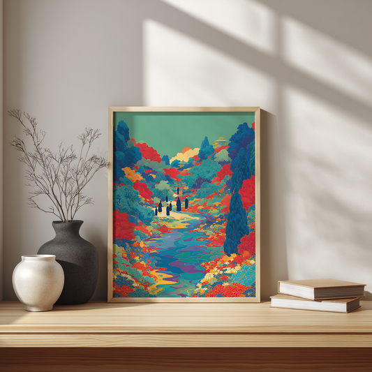 Floral river valley poster print with colourful silhouettes displayed on modern Scandinavian desk setup

