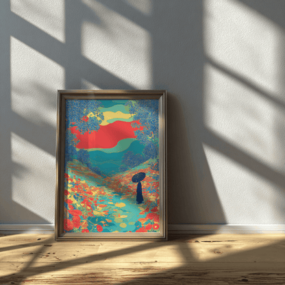 Floral river valley poster with silhouettes and colourful detail displayed on modern Scandinavian desk setup