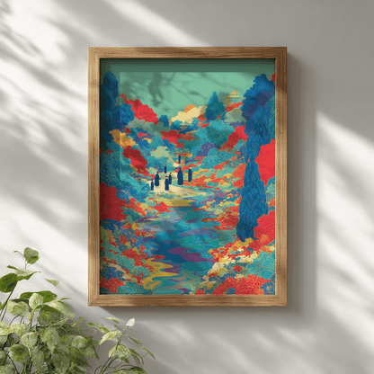 Floral river valley poster with silhouettes and colourful detail displayed in wooden frame on white wall