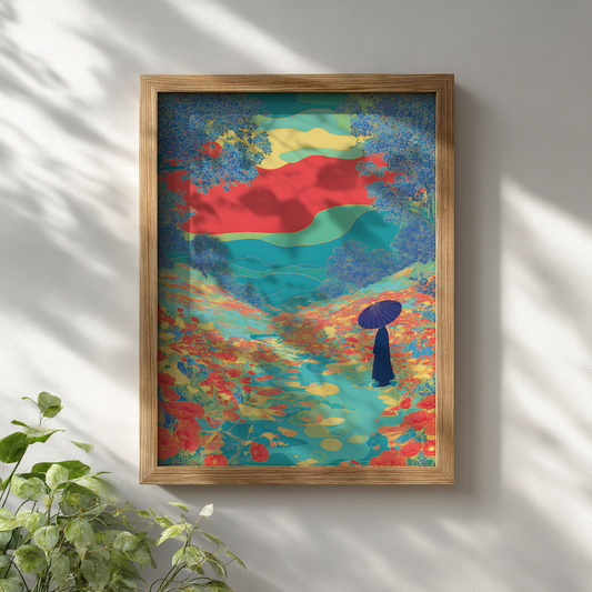 Floral river valley poster with silhouettes and colourful detail displayed in wooden frame on white wall