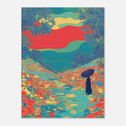 Artistic close-up of floral river valley poster showing botanical silhouettes and vibrant colours


