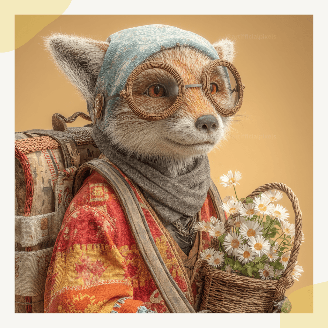 Fox poster wall art in whimsical traveller style with rustic robe and soft studio lighting. Fantasy animal print generated with Midjourney Prompt.