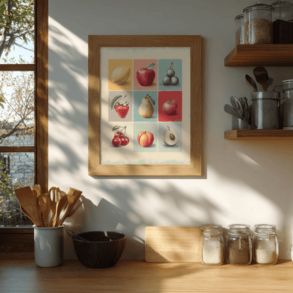 Vintage fruit collage poster print displayed in minimalist kitchen as wall decor artwork
