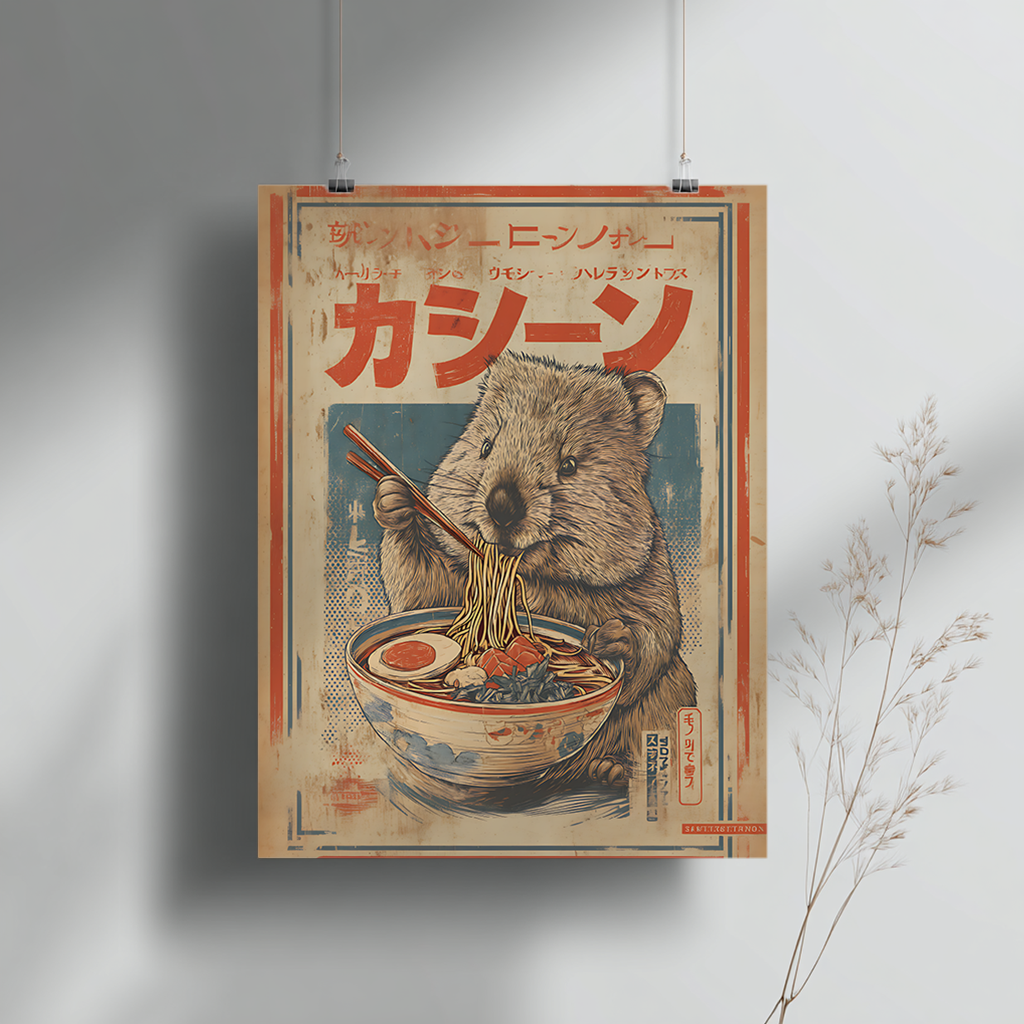 Grey wall mockup showing vintage wombat ramen poster hanging in modern interior