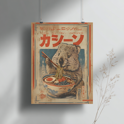 Grey wall mockup showing vintage wombat ramen poster hanging in modern interior