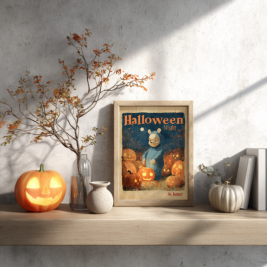 Nostalgic Winnie the Pooh Halloween poster on bookshelf with pumpkin and autumn decor in cosy minimalist setting