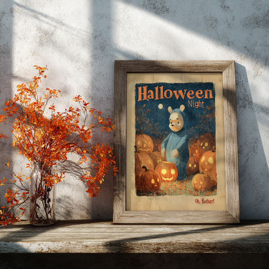 Winnie the Pooh vintage Halloween poster framed in wood with jack-o’-lanterns and autumn plant decor