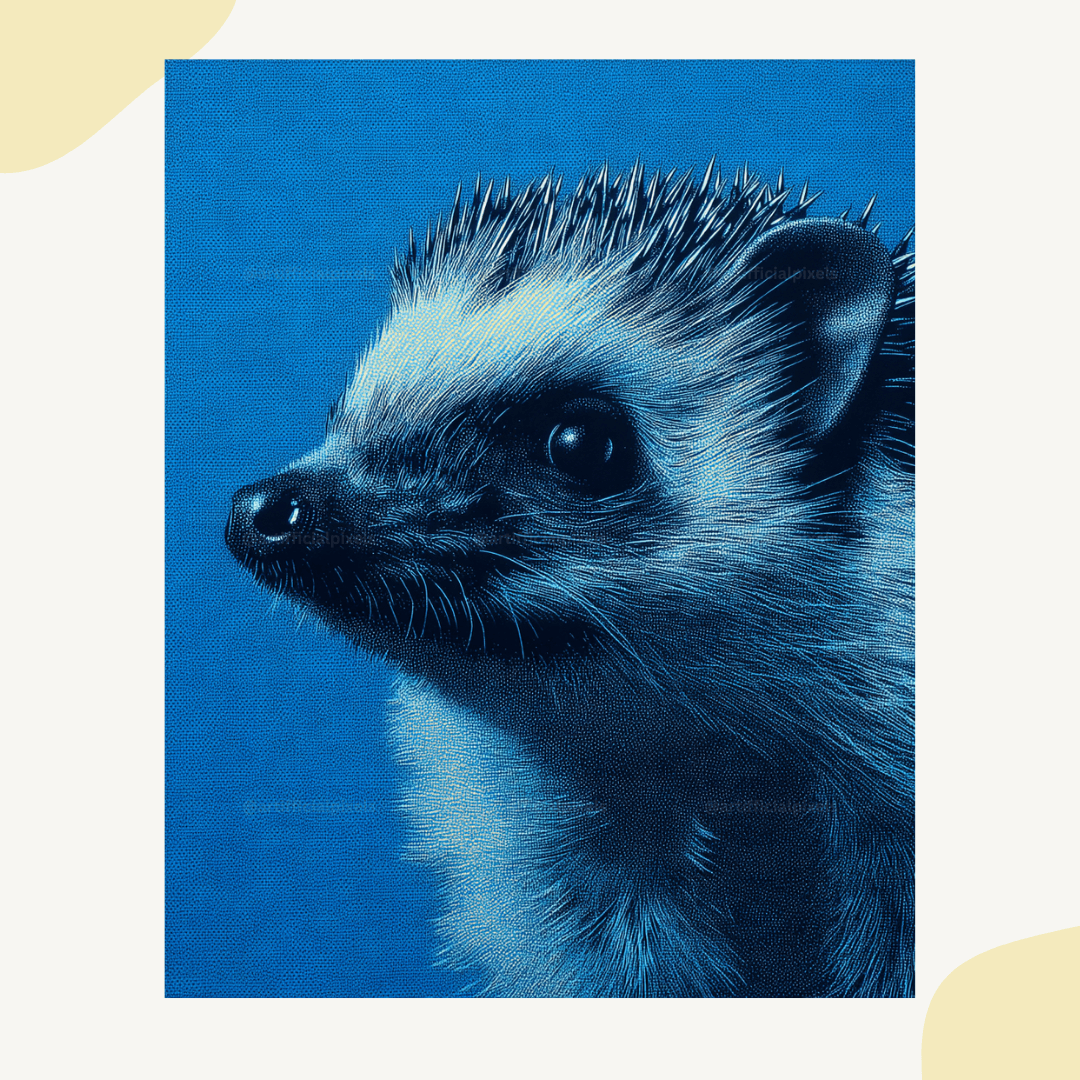 Hedgehog portrait with blue gradient background in pointillism style using Midjourney AI prompt template for commercial art

