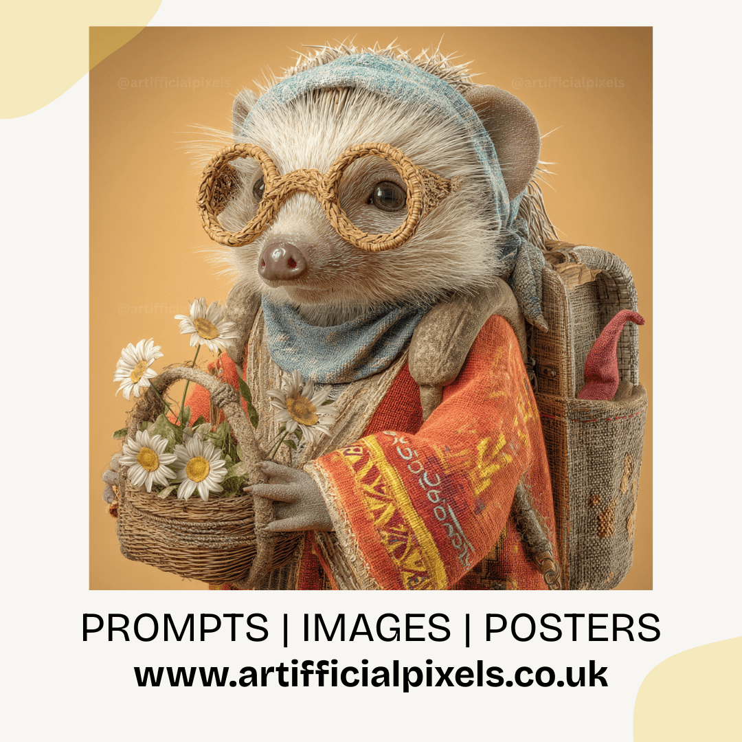 Hedgehog poster print with whimsical fantasy traveller design, textured fabrics, and daisies. Fantasy character wall art made from Midjourney Prompt.