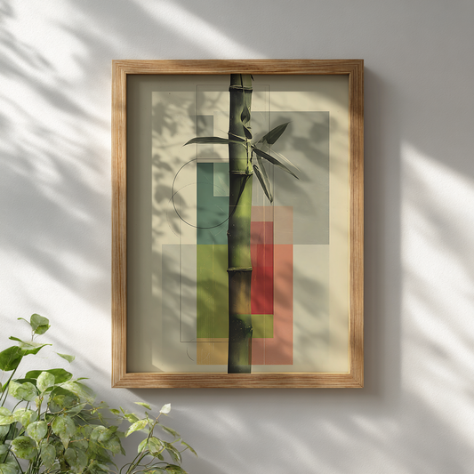 Japanese bamboo poster with minimalist zen art displayed in wooden frame on white wall interior mockup

