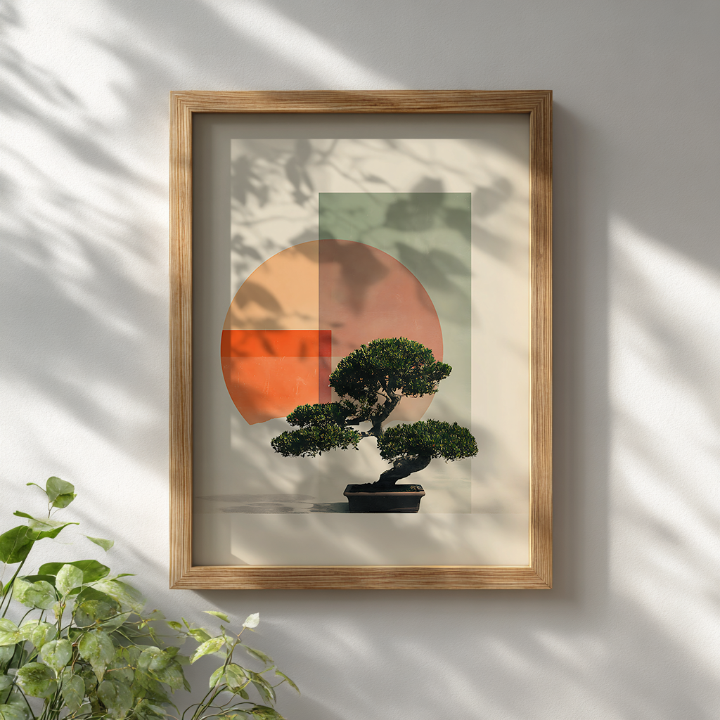 Japanese minimalist bonsai poster with contemporary geometric design displayed in wooden frame on white wall for modern zen decor

