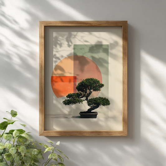 Japanese minimalist bonsai poster with contemporary geometric design displayed in wooden frame on white wall for modern zen decor

