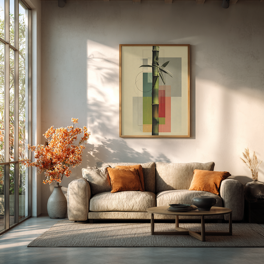 Japanese minimalist poster with bamboo botanical design displayed in modern living room zen interior setting

