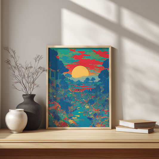 Japanese sunset garden poster print displayed on modern Scandinavian desk setup